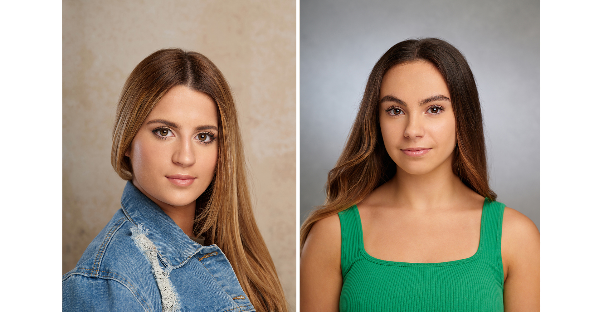 two young dance actress one wearing blue jean jacket top and the other green top head shots